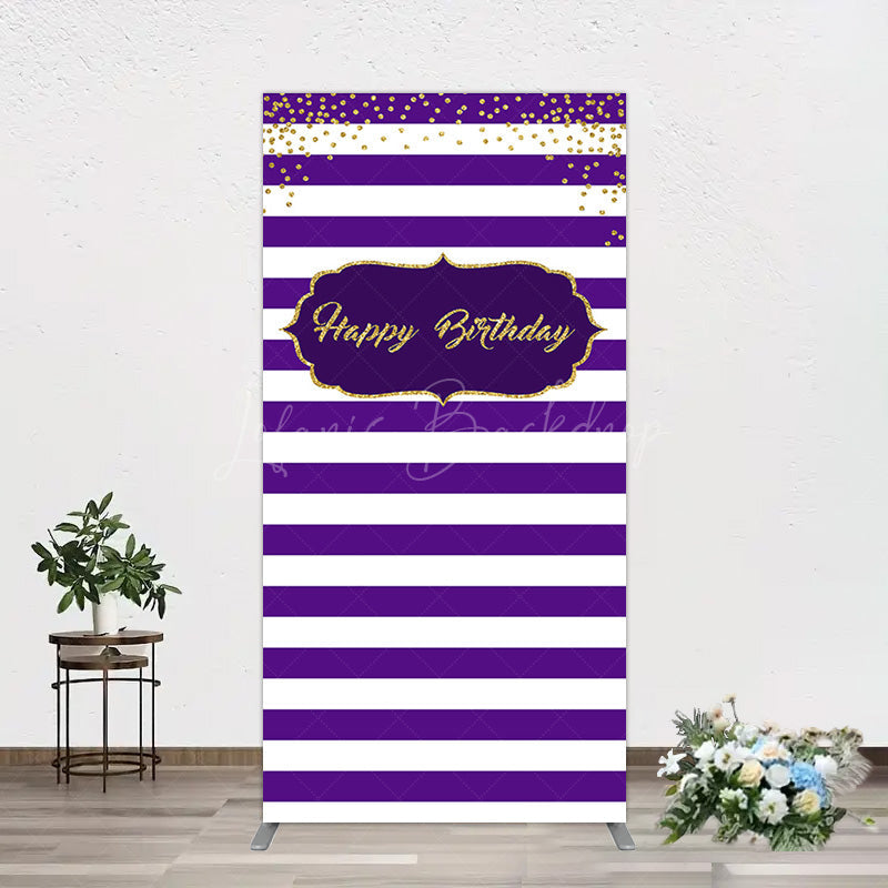 Lofaris White Purple Stripe Gold Glitter Birthday Rectangle Backdrop