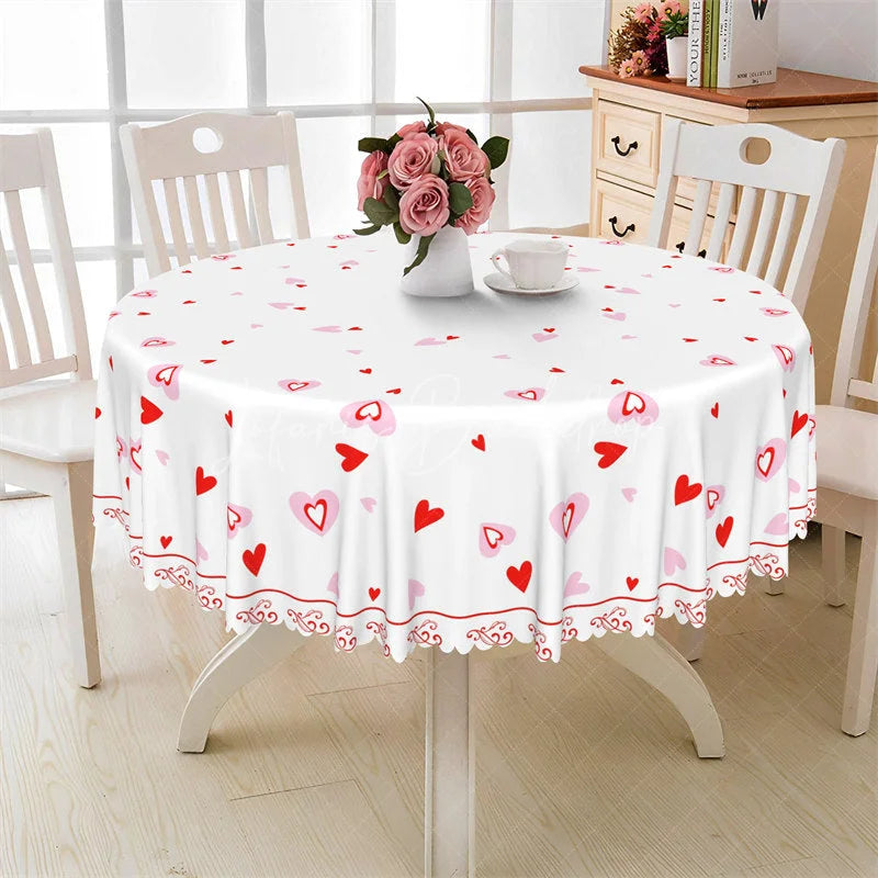Lofaris White Red Heart Pattern Round Tablecloth Simple Scattered Love Table Cover for Valentine