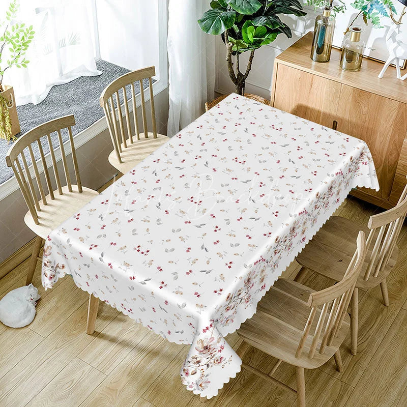 Lofaris White Red Small Floral Rectangle Tablecloth Spring Flower Pattern for Valentine Day Kitchen Dining Decor