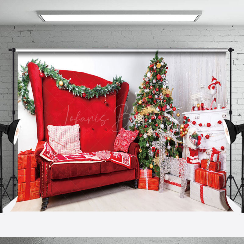 Lofaris White Red Sofa Gifts Xmas Trees Christmas Backdrop