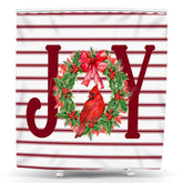 Lofaris White Red Stripe Joy Christmas Wreath Shower Curtain