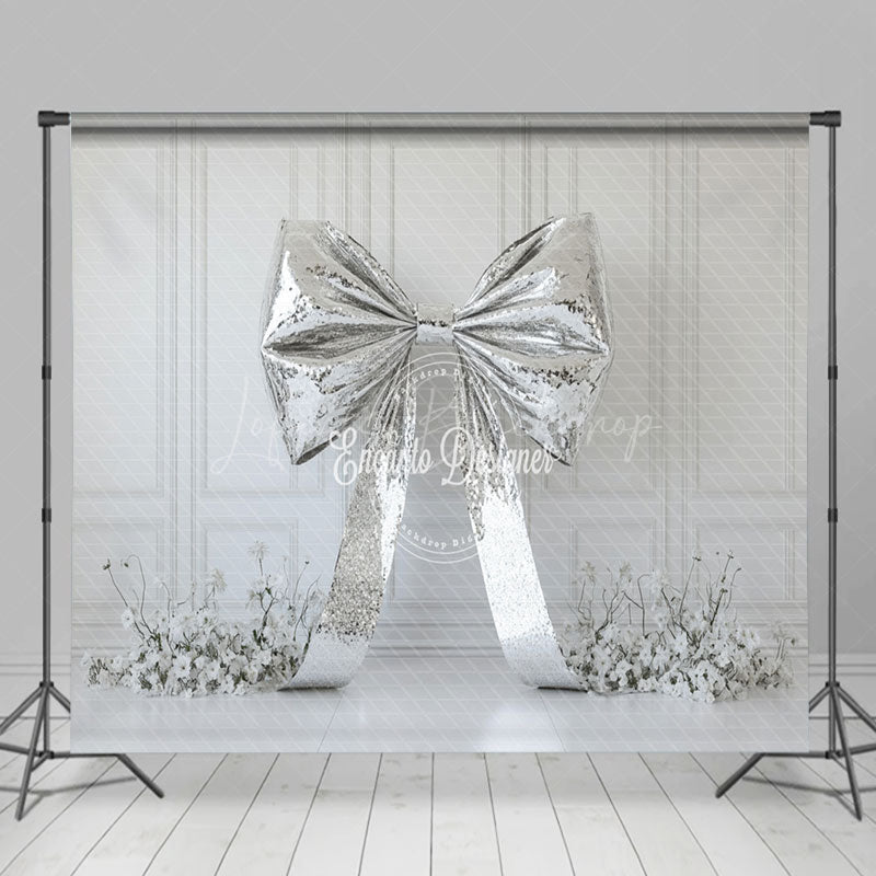 Lofaris White Retro Wall Silver Bow Floral Room Set Backdrop