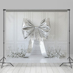 Lofaris White Retro Wall Silver Bow Floral Room Set Backdrop
