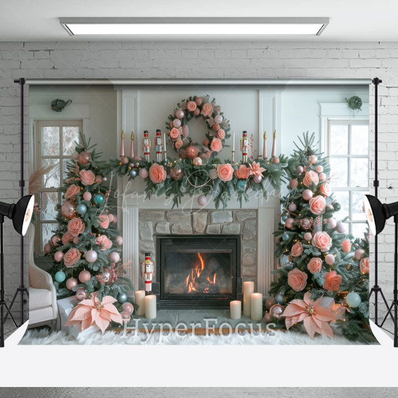 Lofaris White Room Pink Bow Tie Rose Tree Christmas Backdrop