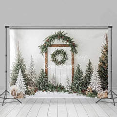 Lofaris White Shiplap Farmhouse Christmas Backdrop Simple Wreath Tree Photography Background