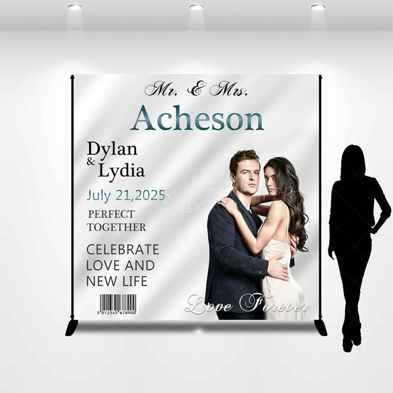 Lofaris White Silk Barcode Custom Name Photo Wedding Backdrop