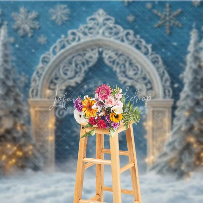 Lofaris White Silver Arch Lights Christmas Backdrop Blue Winter Wonderland Snowflake Photography Background
