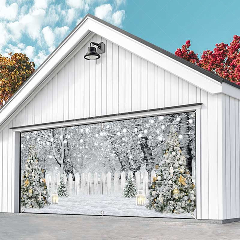 Lofaris White Snow Trees Fence Christmas Garage Door Banner