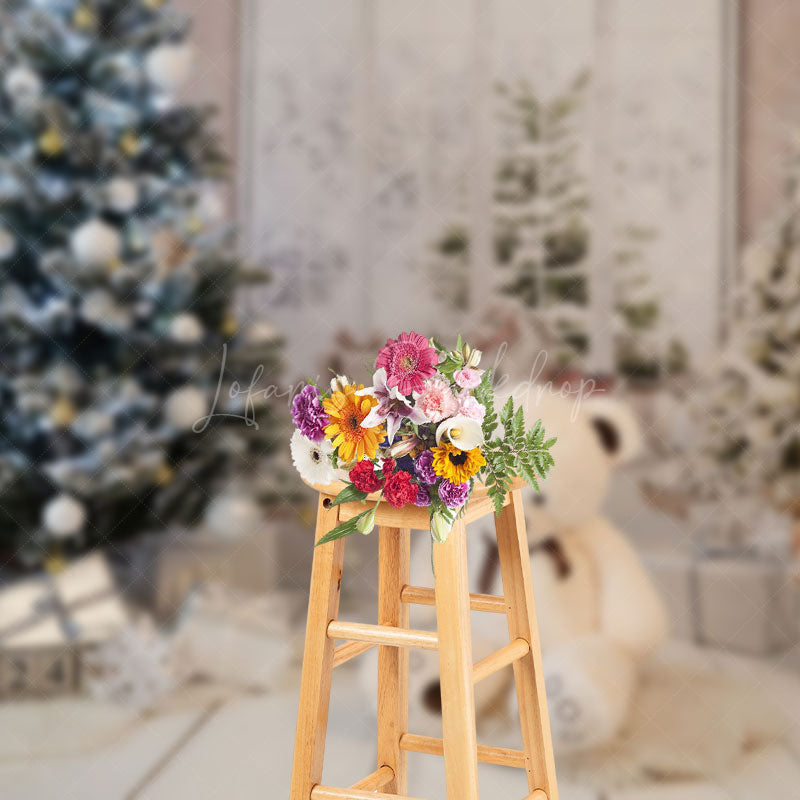 Lofaris White Teddy Bear Santa Room Christmas Tree Backdrop