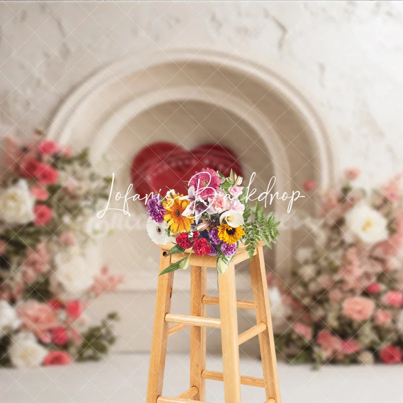 Lofaris White Textured Arch with Red Heart and Pink Floral Photography Backdrop Elegant Romantic Decor