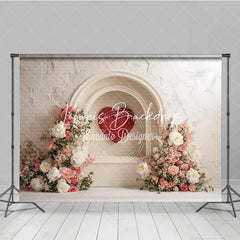 Lofaris White Textured Arch with Red Heart and Pink Floral Photography Backdrop Elegant Romantic Decor