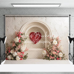 Lofaris White Textured Arch with Red Heart and Pink Floral Photography Backdrop Elegant Romantic Decor