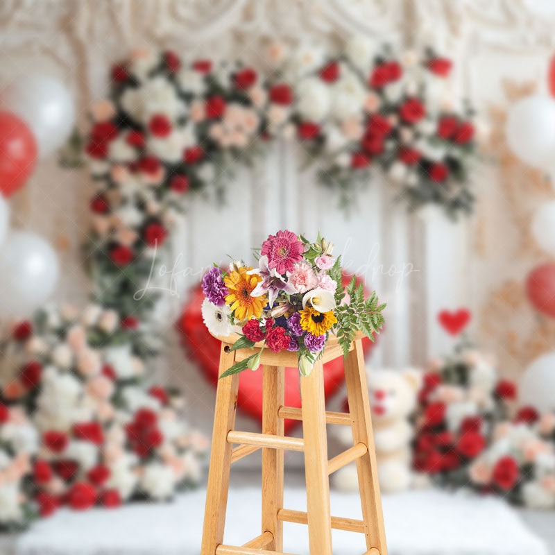 Lofaris White Vintage Wall Floral Balloons Bear Backdrop
