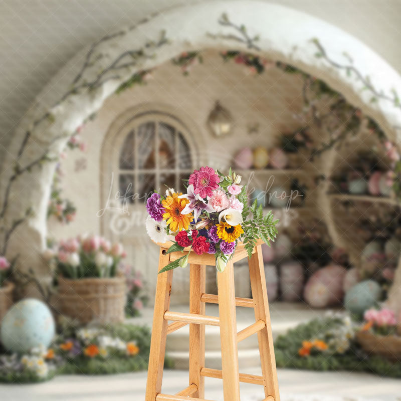 Lofaris White Wall Arch Hutch Eggs Floral Easter Backdrop