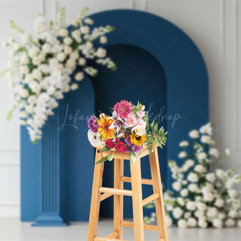 Lofaris White Wall Blue Arch Floral Wedding Photo Backdrop