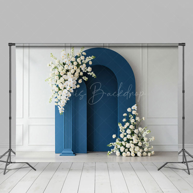 Lofaris White Wall Blue Arch Floral Wedding Photo Backdrop