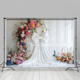 Lofaris White Wall Bow Colorful Floral Wedding Photo Backdrop