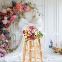 Lofaris White Wall Bow Colorful Floral Wedding Photo Backdrop