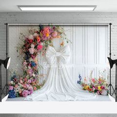 Lofaris White Wall Bow Colorful Floral Wedding Photo Backdrop