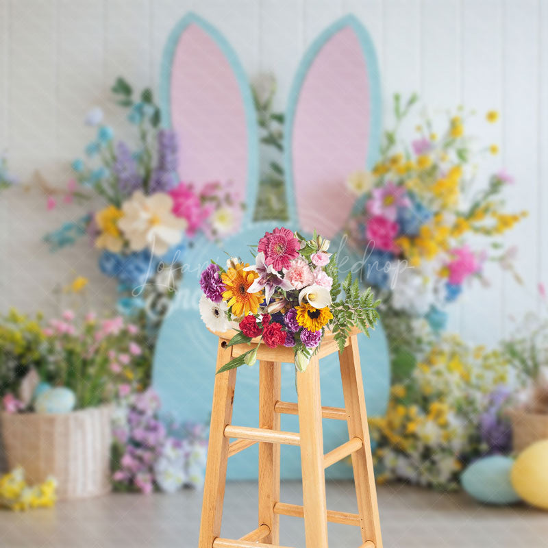 Lofaris White Wall Color Floral Bunny Eggs Easter Backdrop
