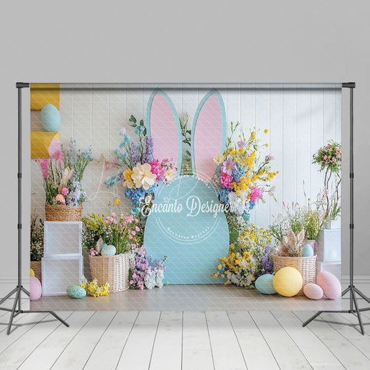 Lofaris White Wall Color Floral Bunny Eggs Easter Backdrop