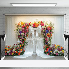 Lofaris White Wall Colorful Floral Bow Backdrop For Wedding