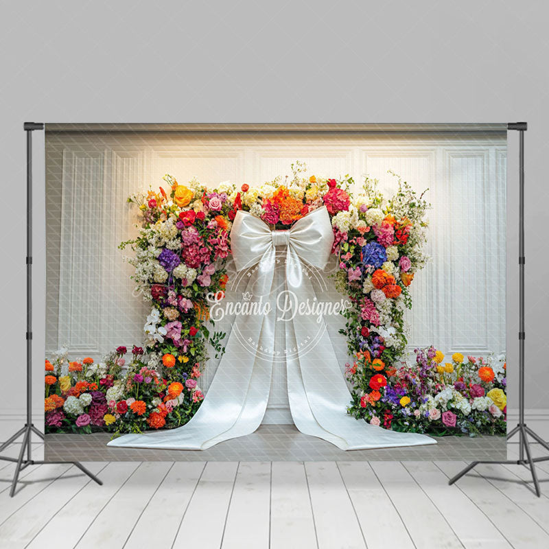 Lofaris White Wall Colorful Floral Bow Backdrop For Wedding
