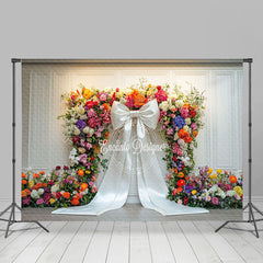 Lofaris White Wall Colorful Floral Bow Backdrop For Wedding