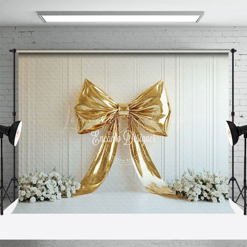 Lofaris White Wall Gold Bow Elegant Floral Backdrop