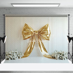Lofaris White Wall Gold Bow Elegant Floral Backdrop