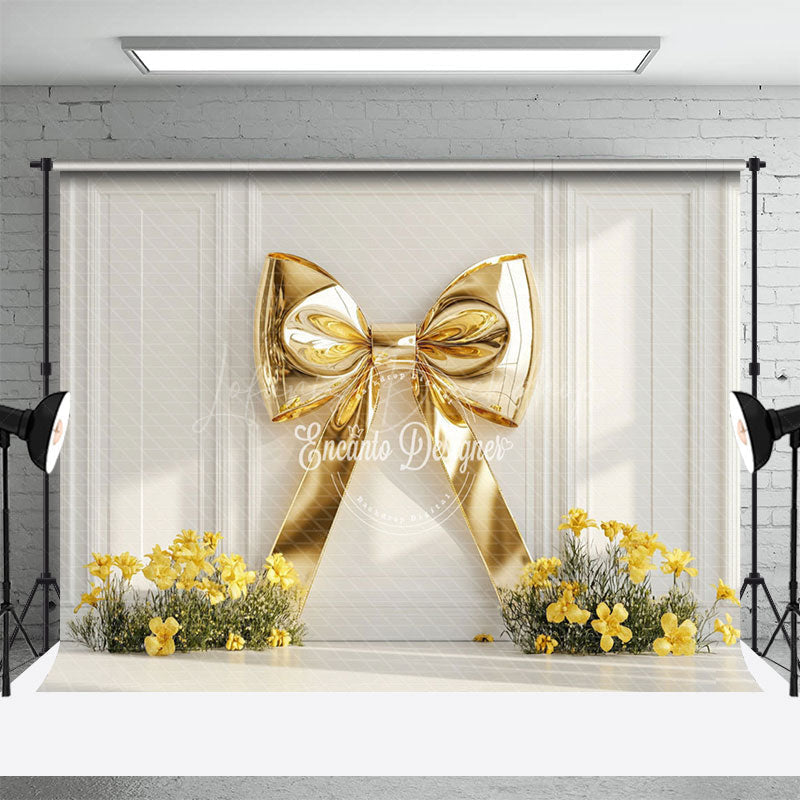 Lofaris White Wall Gold Bow Yellow Floral Wedding Backdrop