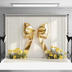 Lofaris White Wall Gold Bow Yellow Floral Wedding Backdrop