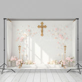 Lofaris White Wall Gold Cross Floral First Communion Backdrop