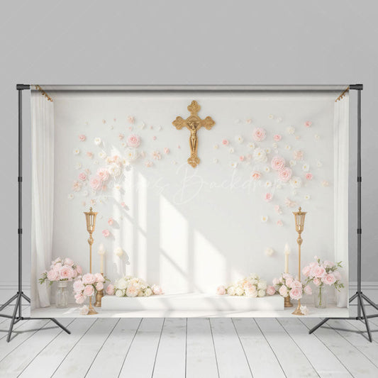 Lofaris White Wall Gold Cross Floral First Communion Backdrop