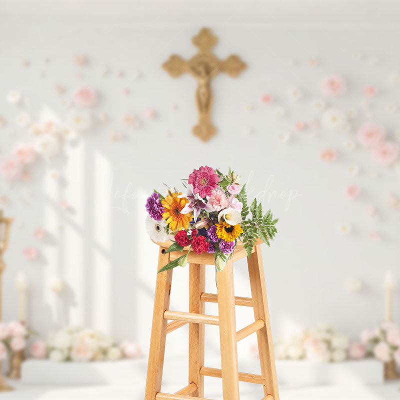 Lofaris White Wall Gold Cross Floral First Communion Backdrop