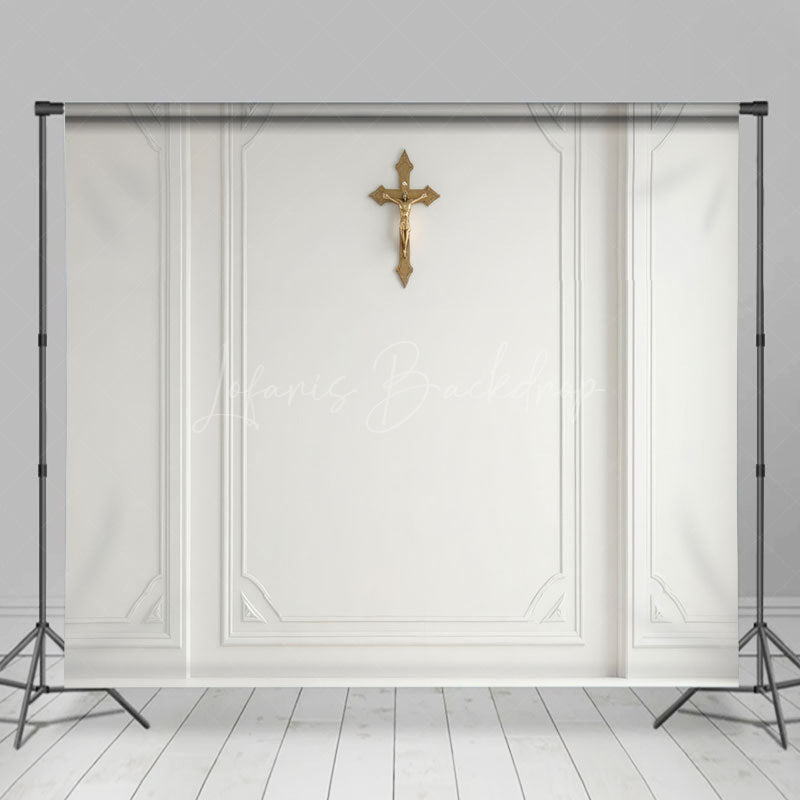 Lofaris White Wall Gold Cross Floral Wedding Room Set Backdrop