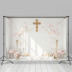 Lofaris White Wall Gold Cross Floral Wedding Room Set Backdrop