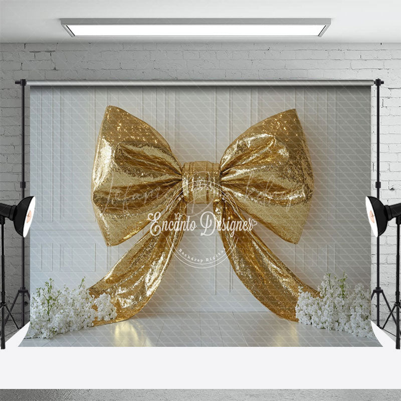 Lofaris White Wall Gold Glitter Bow Floral Wedding Backdrop
