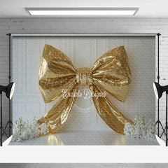 Lofaris White Wall Gold Glitter Bow Floral Wedding Backdrop