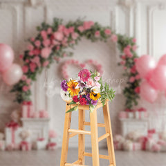 Lofaris White Wall Pink Arch Floral Balloons Gifts Backdrop