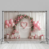 Lofaris White Wall Pink Arch Floral Balloons Gifts Backdrop