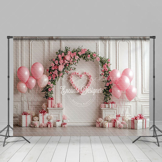 Lofaris White Wall Pink Arch Floral Balloons Gifts Backdrop