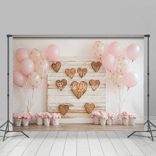 Lofaris White Wall Pink Balloons Wood Heart Floral Backdrop