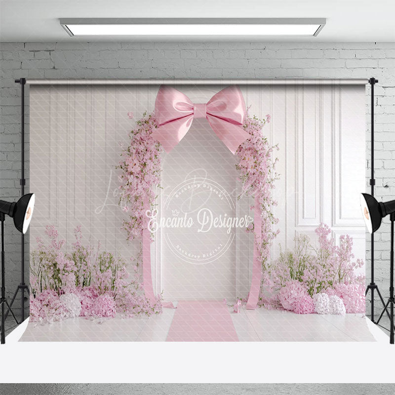 Lofaris White Wall Romantic Pink Bow Floral Wedding Backdrop