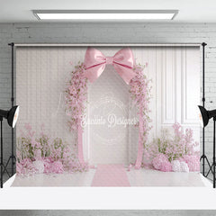 Lofaris White Wall Romantic Pink Bow Floral Wedding Backdrop