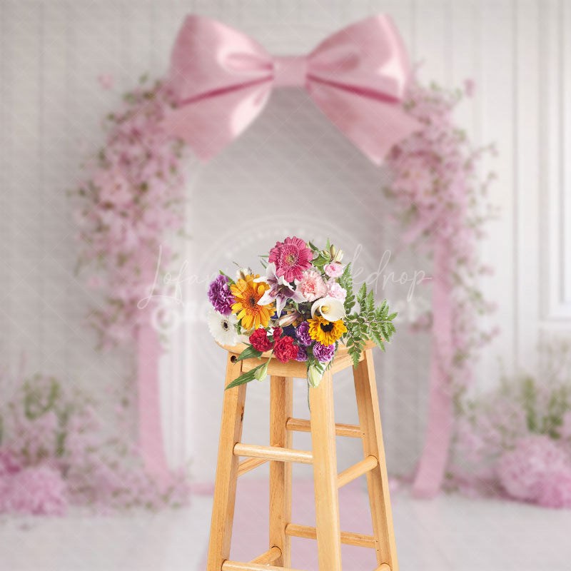 Lofaris White Wall Romantic Pink Bow Floral Wedding Backdrop