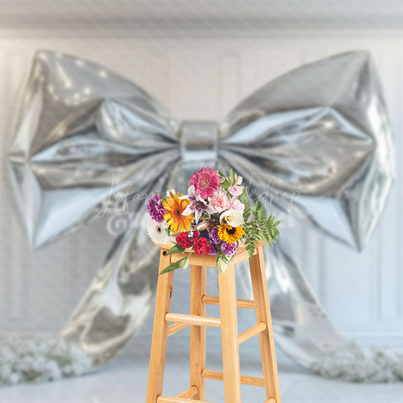 Lofaris White Wall Silver Bow Artwork Floral Wedding Backdrop