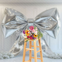 Lofaris White Wall Silver Bow Artwork Floral Wedding Backdrop
