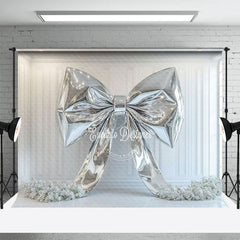 Lofaris White Wall Silver Bow Artwork Floral Wedding Backdrop