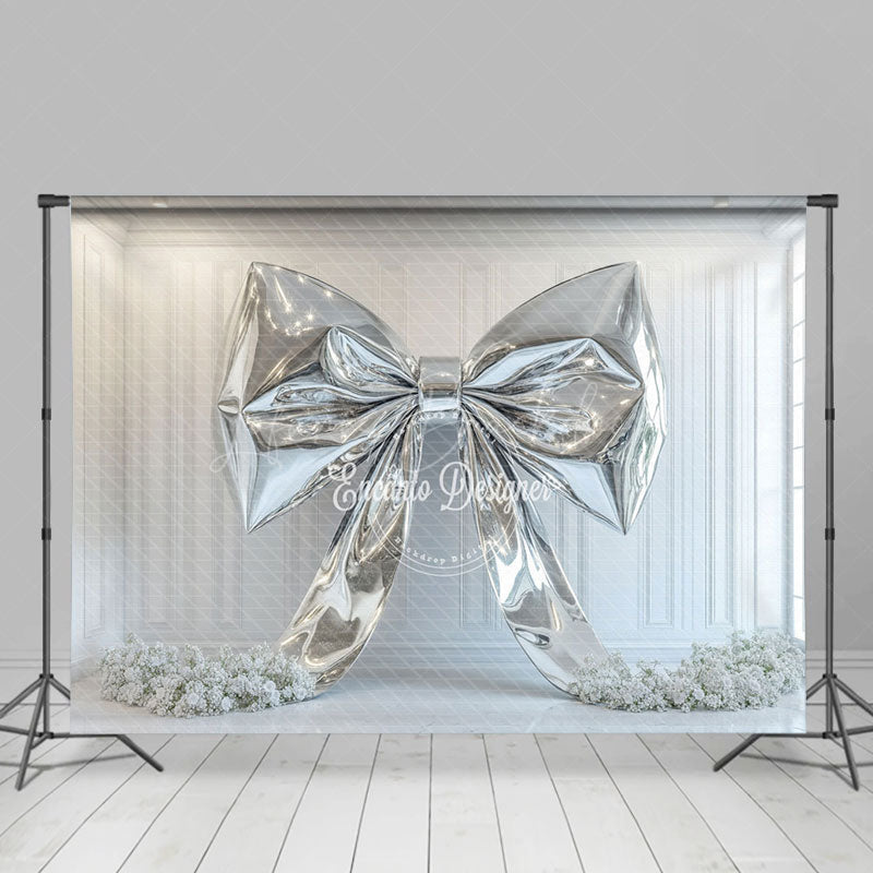 Lofaris White Wall Silver Bow Artwork Floral Wedding Backdrop